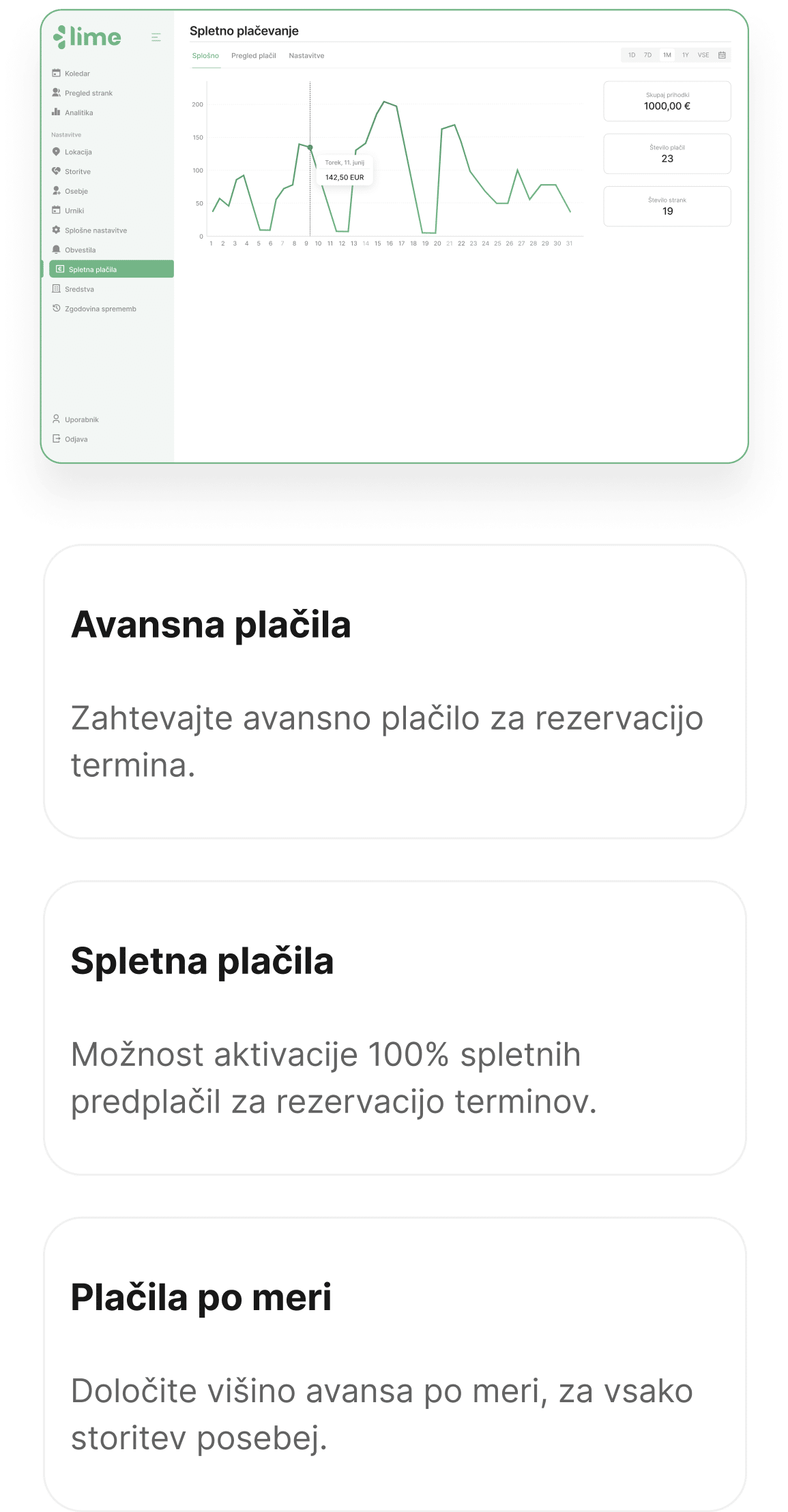 lime booking - naročanje na termine - spletno naročanje - sistem za naročanje - avtomatsko obveščanje - plačila - avansa plačila