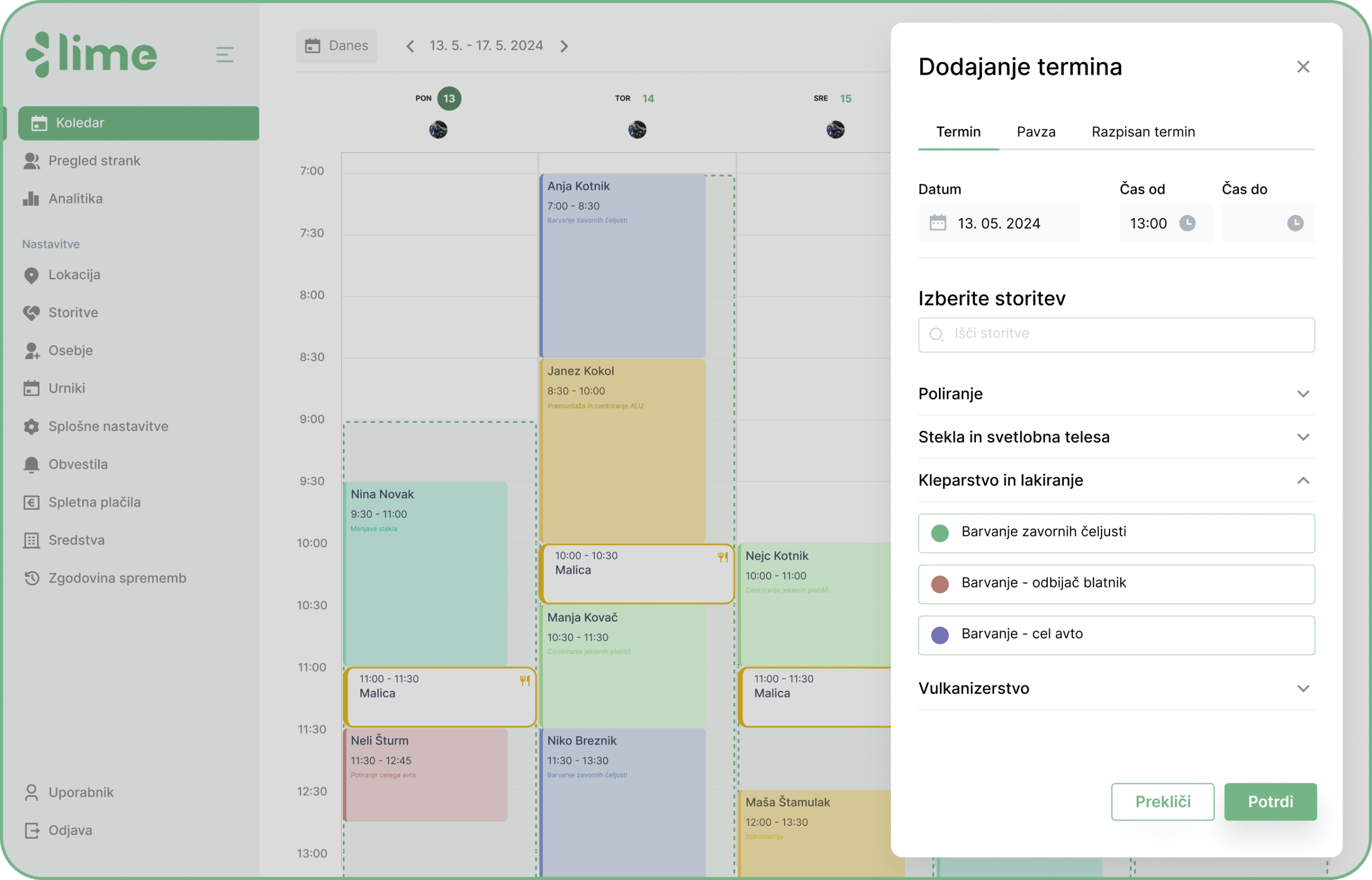 dodajanje termina - koledar - termin - lime booking