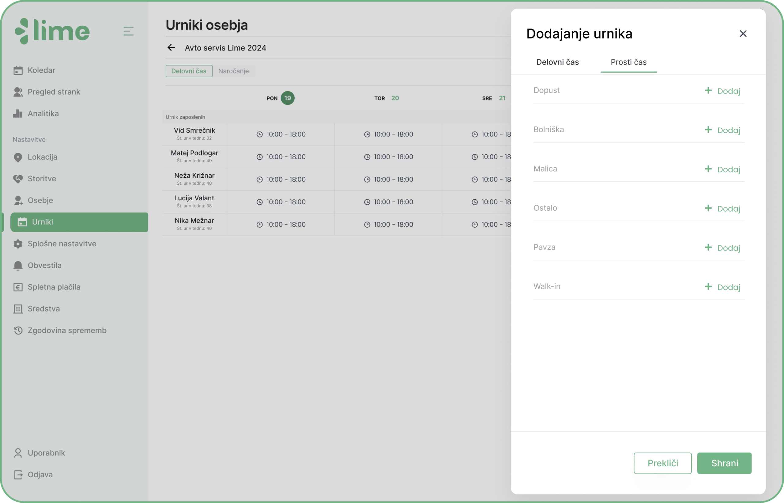 urnik - pavze - lime booking